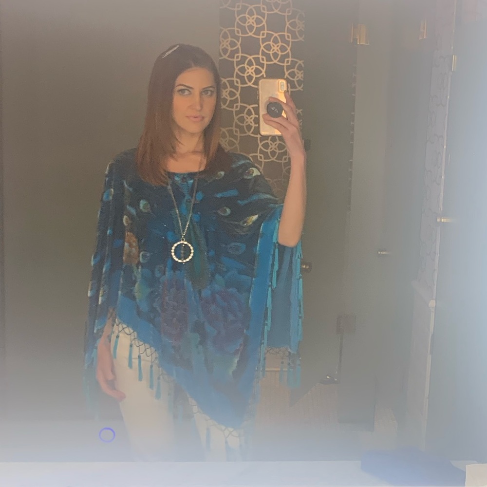 Elegant poncho; rich blue peacock print, velvet fabric, w delicate beadwork